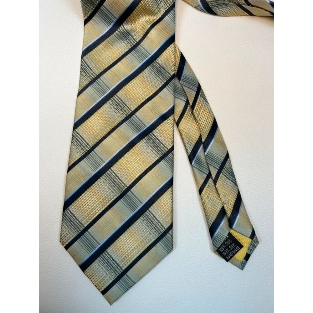 Vintage Italian 100% Silk Regimental Repp Striped Tie Gold Blue Gray Handmade